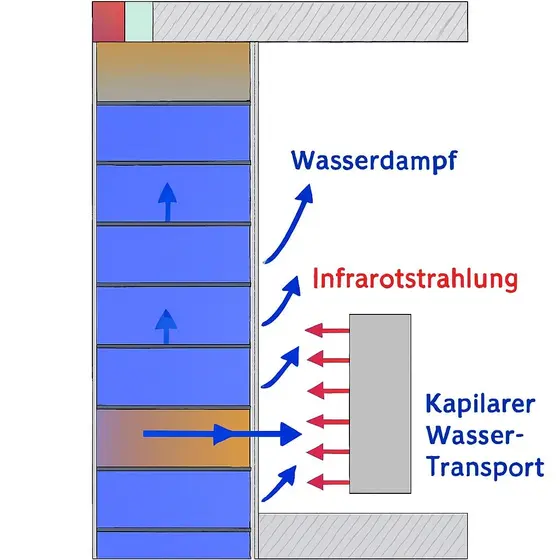 Infrarotstrahler erwärmen gezielt die Oberfläche von Materialien, wodurch die Feuchtigkeit an die Oberfläche transportiert wird. Schnelle Trocknung nach Wasserschäden und geringer Energieverbrauch